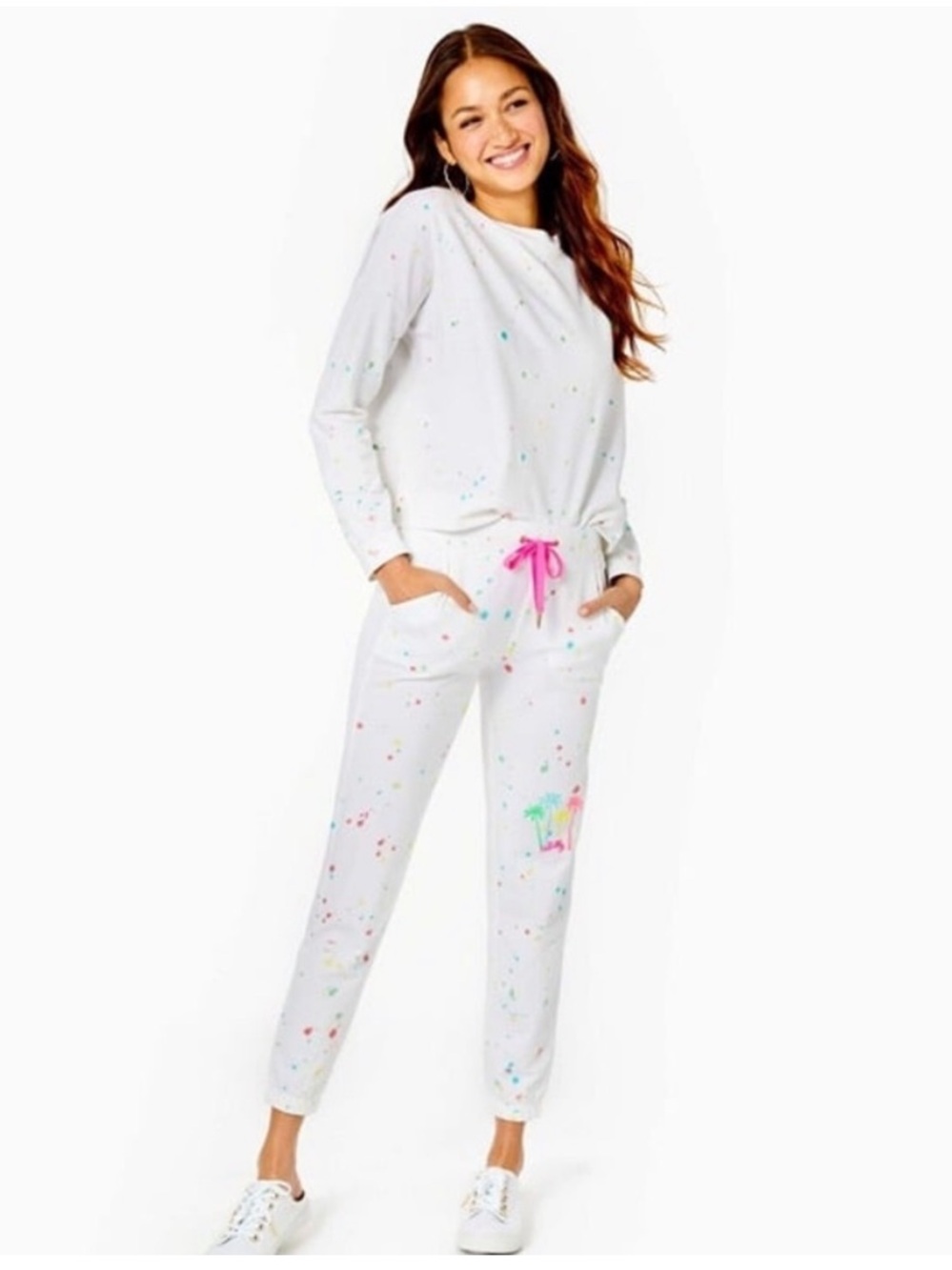 Lilly Pulitzer Women Mallie Neon Paint Splatter Knit Jogger Pants Resort White L - Picture 3 of 13